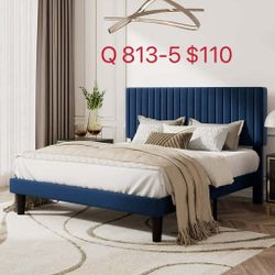 Queen Size Upholstered Platform Bed Frame with Adjustable Velvet Headboard, Dark Blue(813-5)