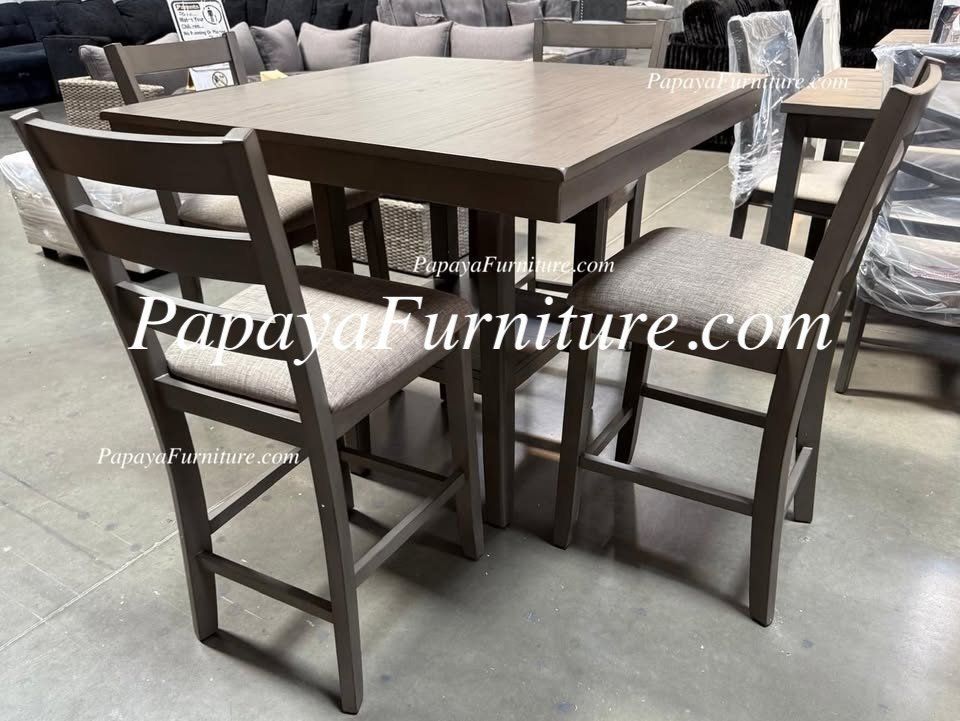 NEW 5 Piece Counter Height Dining Set Table and 4 Chair Open Shelf Storage Dark Grey Big Discount Furniture Warehouse Square SALE Closeout Clearance