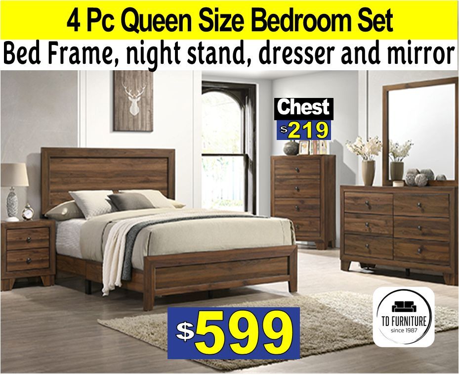 4pc Queen Bedroom Set Bedroom set, Night stand, Dresser, mirror