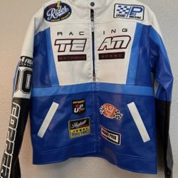 Copper Rivet Men's Blue Multicolor Moto Racing PU Leather Jacket Size Medium