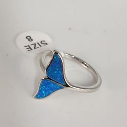 925 Sterling Silver Blue Opal whale Tail Ring size 8