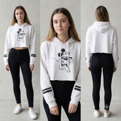 Missguided Disney Mickey Mouse Cropped Raw Hem Hoodie Sweatshirt Size Medium