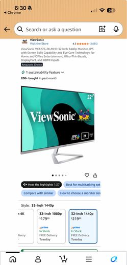 32" ViewSonic 2K QHD IPS Monitor (Computer Screen)