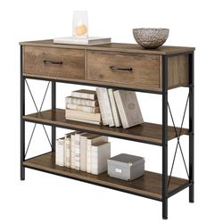 Industrial Console Table with Drawers, Vintage Hallway Foyer Table with Storage Shelves, Narrow Long Sofa Entryway Table for Living Room, Ru