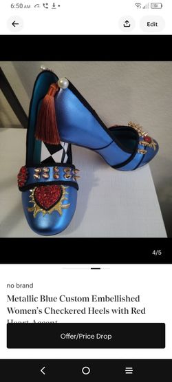 Metallic Blue Embellished Block Heel Pumps