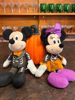 Vintage Mickey and Minnie mouse Halloween stuffed animal plushes! Skeleton, Mickey, and Minnie mouse