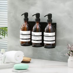 KUSVADO Glass No-Drill Wall Mounted Shower Soap/Hand Soap Dispenser w/Adjustable Stainless Steel Holder for Bathroom & Kitchen (Black 3 Chamber)