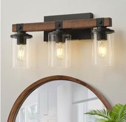 19.88 in. 3-Lights Black and Brown Wood Rustic Farmhouse Bathroom Vanity Light with Cylinder Glass Shade