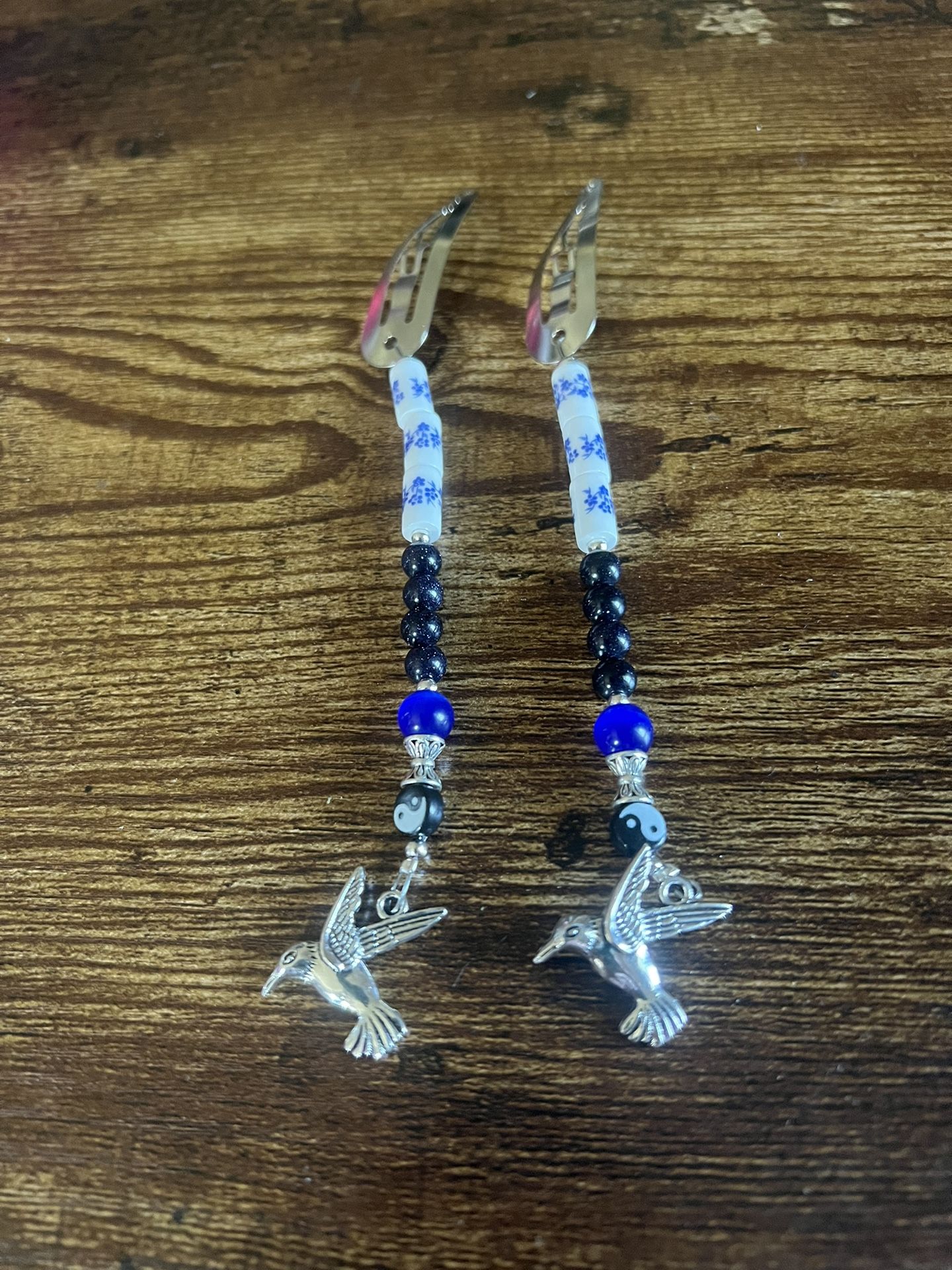 Silver Hair Clips With Beads And Bird Charms