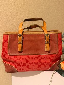 Vintage 2004 Coach Hamptons Signature Jacquard Tote Bag – Red Canvas & Suede Y2K