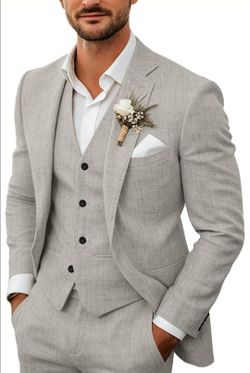 Size M, Men's 3 Piece Linen Suits Casual Lightweight Blazer Jackets Vest Pants Set for Wedding Business Prom Suit