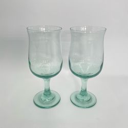 Vintage Seafoam Green Wine Goblets Tulip Shape Glasses 7” Set of 2