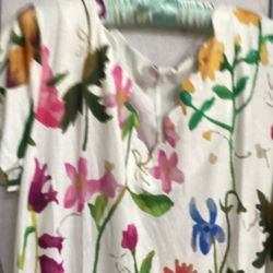 Just Fashion Now. White Background With Colorful Flowers. Dress has a Scollup V-Neck,Short Sleeves Knee Length.  Tag says “Large” Fit Is More Like  M.