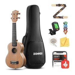 Donner Soprano Ukulele Mahogany Wood 21 inch Ukelele Beginner Kit with Free Online Lesson Gig Bag Strap Nylon String Tuner Picks Ukalalee Yukalalee Bu