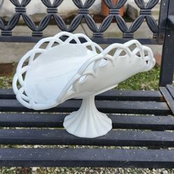 Vintage Milk Glass Lace Edge Banana/ Fruit Pedestal Bowl