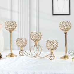 Kolnlala Gold 5 Arm Metal Crystal Tea Light Candle Holder, Elegant Wedding Table Centerpiece, Christmas Wishing Bowl Candle Holder