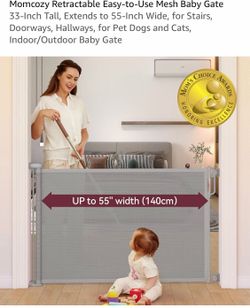 Momcozy Retractable Easy-to-Use Mesh Baby Gate 33-Inch Tall, Extends to 55-Inch Wide, for Stairs, Doorways, Hallways, for Pet Dogs and Cats, Indoor/Ou