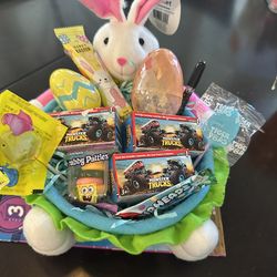 Easter bunny basket,series  #1 , 3 monster trucks and book,mini pen, egg surprise and candy, no holds
