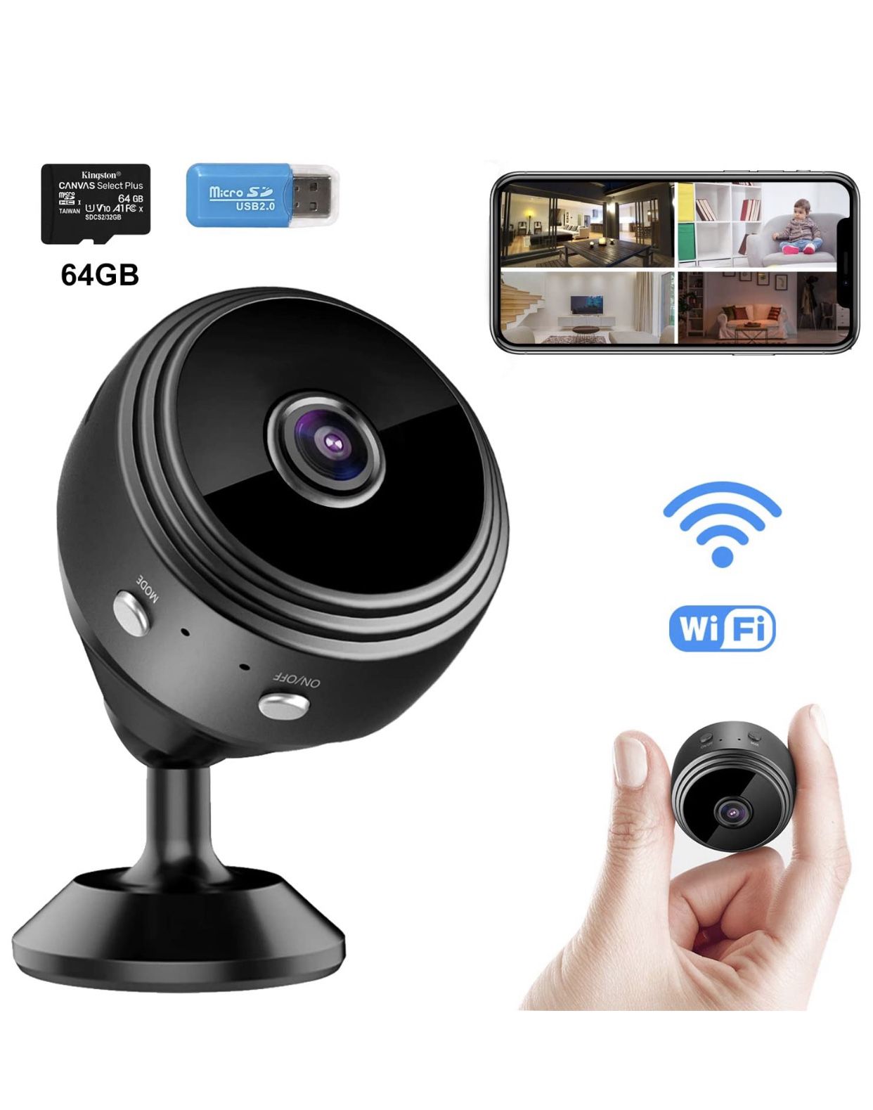 WiFi Spy Camera Mini Wireless Hidden Camera Small Security Surveillance Cameras with 64GB SD Card