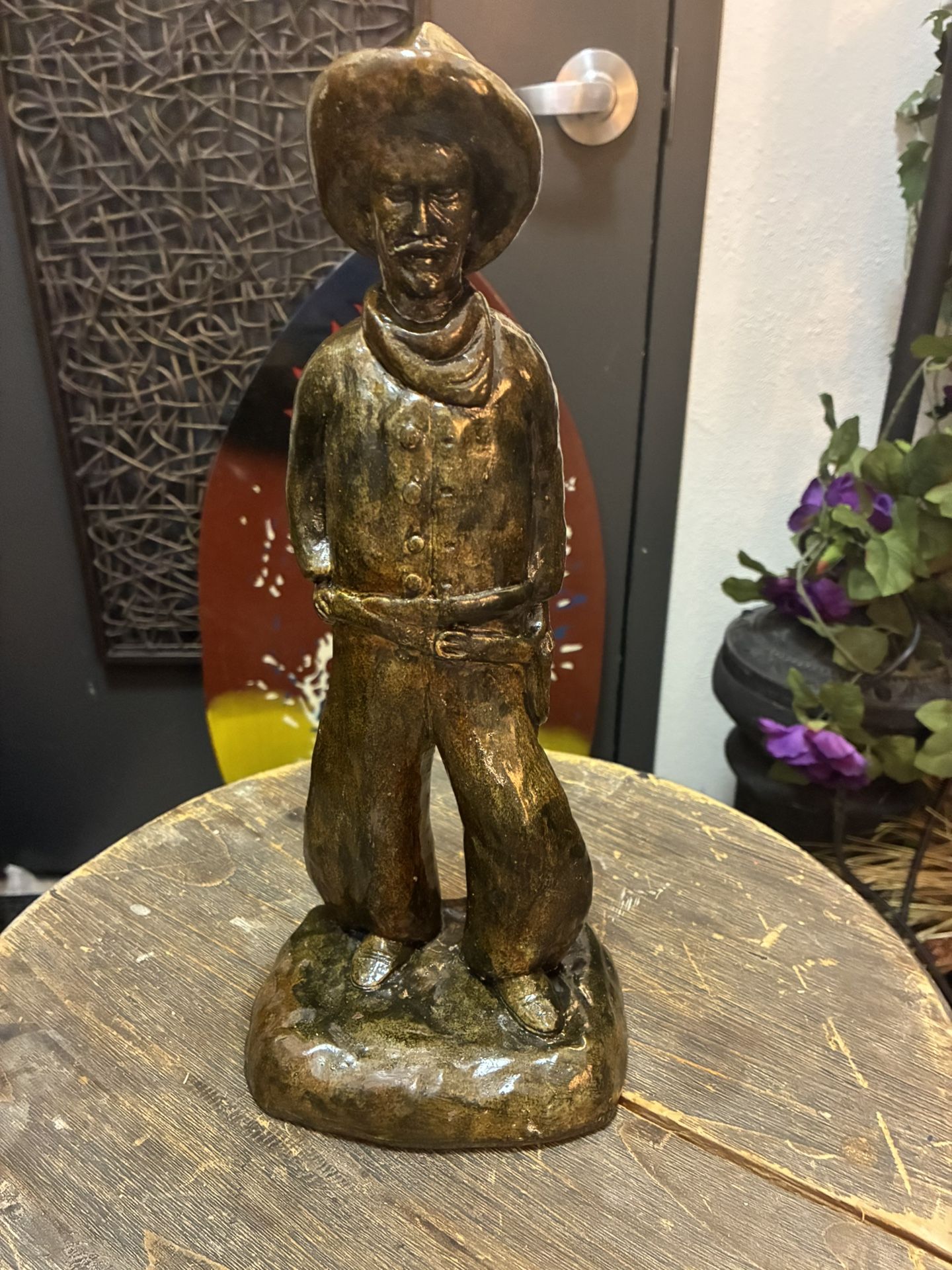 Gun fighter Cowboy Sculpture 13" Statue Western Figure Ceramic Clay Vintage signed Original
