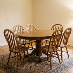 Oak Pedestal Dining Table with Leaf and 6 Chairs