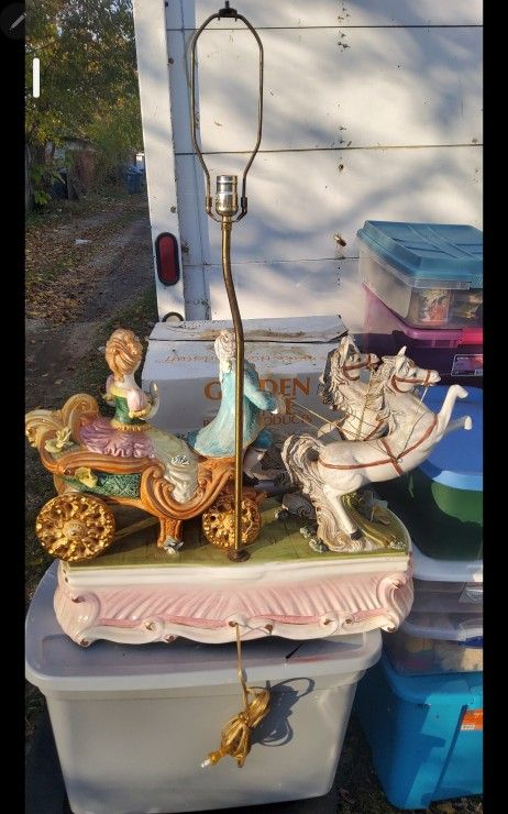 Mid Cen Vintage Capodimonte X-Large Italian Horse Carriage Porcelain Lamp Figurine Shade ( TLC )