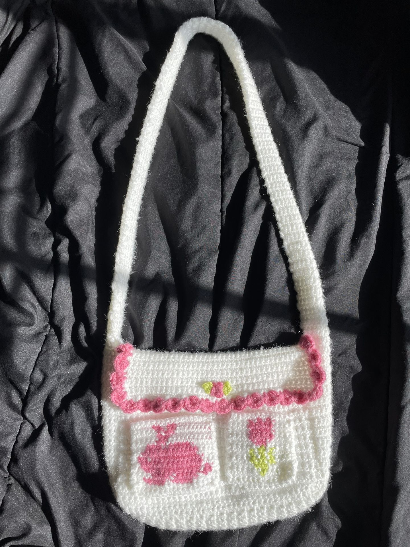 Handmade Crochet Pink & White Messenger Bag