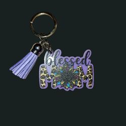 Purple Blessed Mom Keychain 
