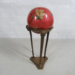 Vintage Cloisonne Solid Brass Floral Globe Sphere On Brass Ram Head Stand
