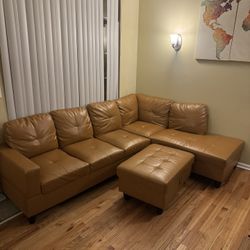 Like-New 103” Brown Ginger Leather Sectional Sofa + Ottoman – Half Price!