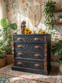 Stunning Antique Black Chest Of Drawers