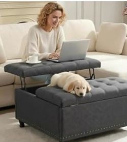 Brand new in box 35.5" Large Square Gray Storage Ottoman Bench, Upholstered Coffee Table Ottoman with Lift Top & Wooden Legs, Oversized Storage Ottoma