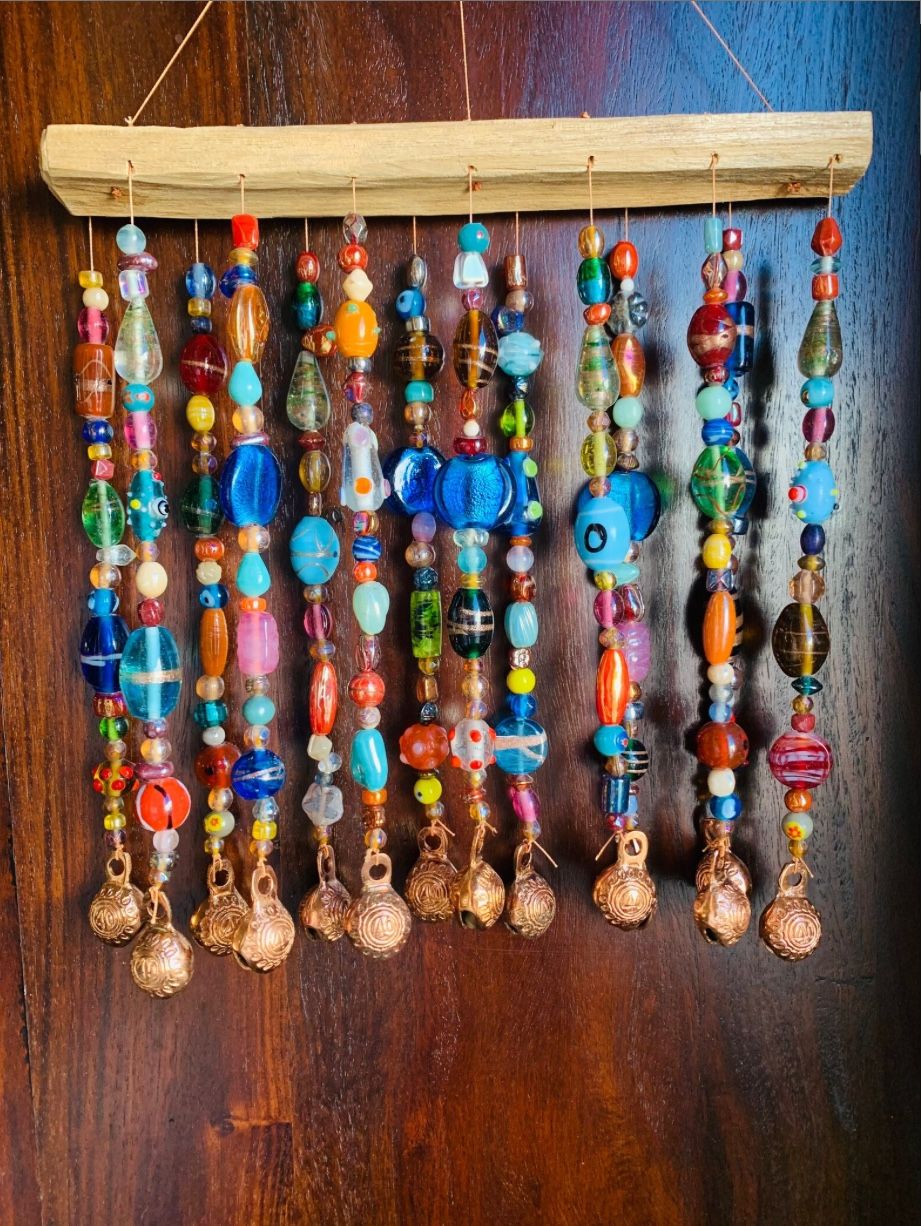 Glass Beads & Bells Wind Chime Sun Catcher Mobile With Driftwood Made To Order