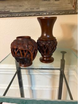Two vintage hand-carved brown wooden vase with elephant 4”& 6”