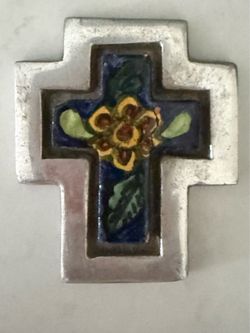 Pewter Talavera Pottery Cross  I dropped it sigh ! -so the ceramic cracked but is still secured inside the pewter -   Can’t see the crack from afar - 