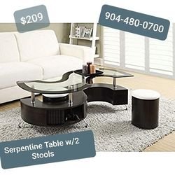 Serpentine Coffee Table With Storage And 2 Accent Stools NEW