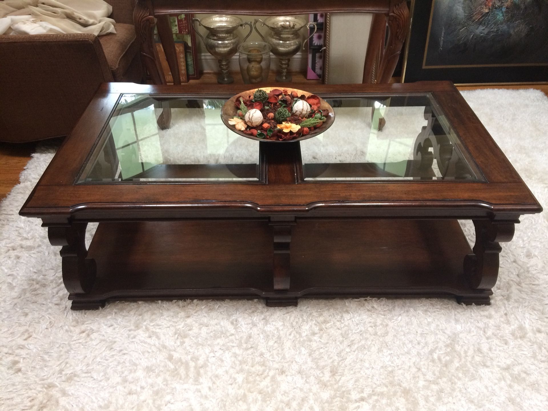 Large Coffee table, dark brown, wood, glass