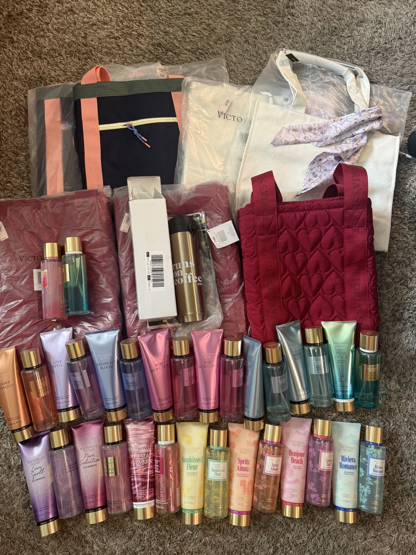 Victoria’s Secret & VS Pink 7 totes, 1 coffee tumbler & 32 pieces of mist and lotions