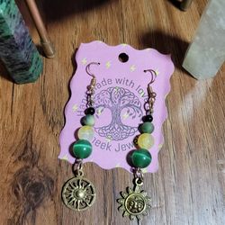 Handmade Green And Yellow Multistone Gold Sun Charm Earrings