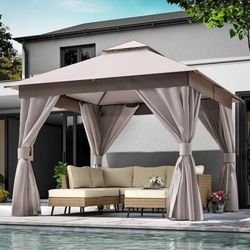 LAUSAINT HOME 10'x10' Patio Gazebo, Double Roof Outdoor Shelter Tent with Mosquito Nettings and Privacy Screens, Khaki