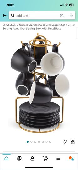 YHOSSEUN 3 Ounces Espresso Cups with Saucers Set + 3 Tier Serving Stand Oval Serving Bowl with Metal Rack