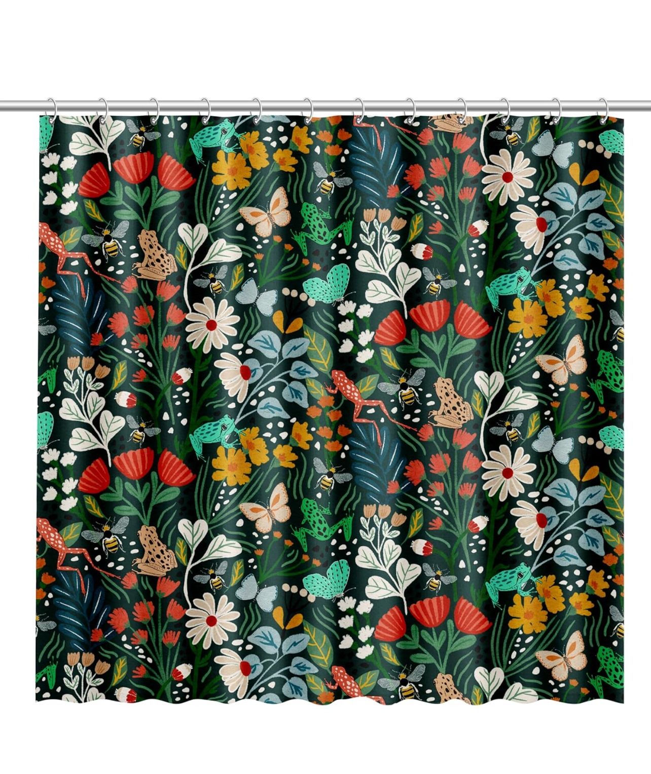 Brandnew Dark Botanical Shower Curtain with Butterflies, Tropical Jungle Design, Bees, and Frogs | Rich Green with Colorful Spring Blooms | Quick Dryi