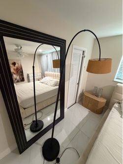 Beautiful Oversized Wood Framed Mirror & Designer Arc Floor Lamp