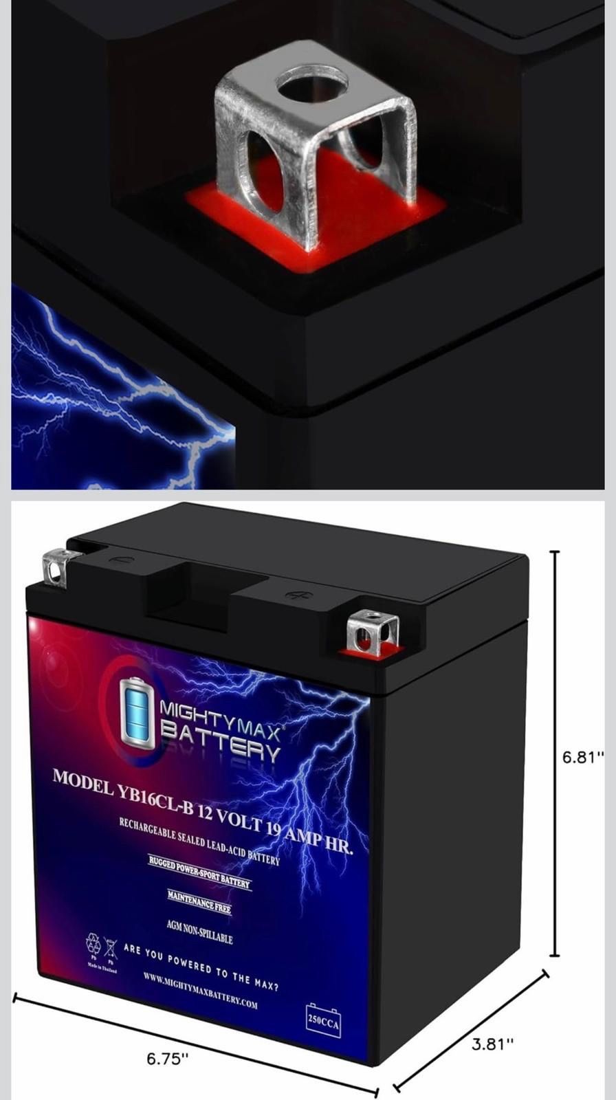 MIGHTYMAX BATTERY MODEL YB16CL-B 12 VOLT 19 AMP HR. RECHARGEABLE SEALED LEAD-ACID BATTERY RUGGED POWER SPORT BATTERY HAINTENANCE FREE AGM NON-SPILLABL