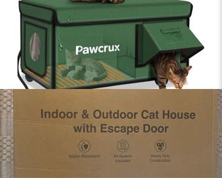 New Pawcrux Weatherproof Insulated Outside Heated Cat Kitty House, Safe Escape Door MSRP $99