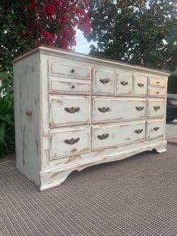 Large 9-Drawer Vintage Distressed Lowboy Dresser Rustic Wood Top