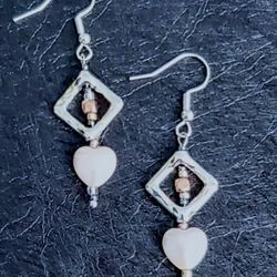 Silver Hook, Pearl Heart , Glass Bead Earrings