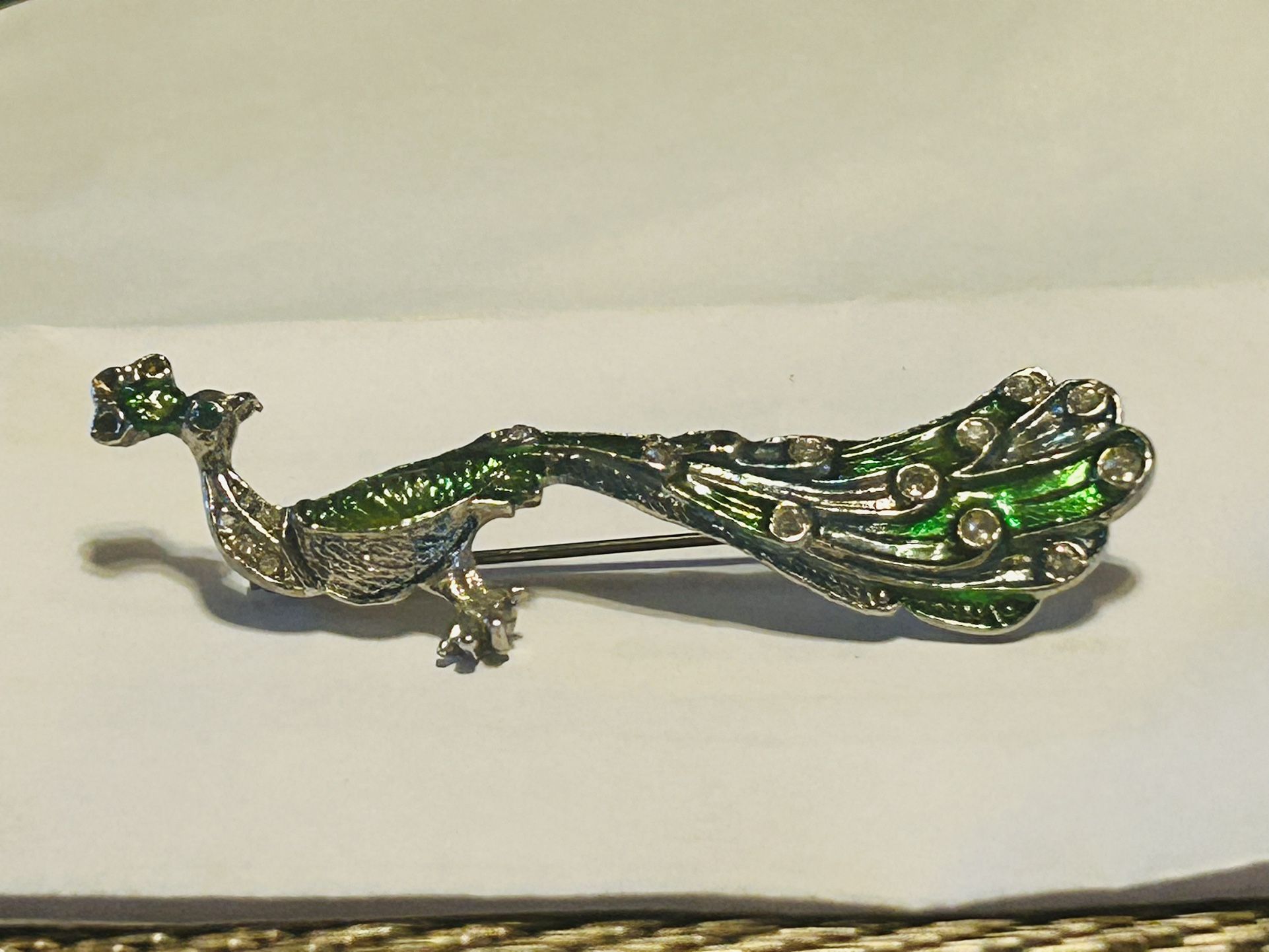 Vintage Peacock Signed Czech Pin 3 Inches Long