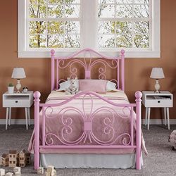 Twin Size Bed Frame with Headboard,Metal Bed Frame with Butterfly Pattern Design Headboard & Footboard,No Box Spring Needed,Easy Assembly,Pink
