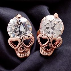 Vintage Stainless Steel Skull Earrings With Cubic Zirconia Stones
